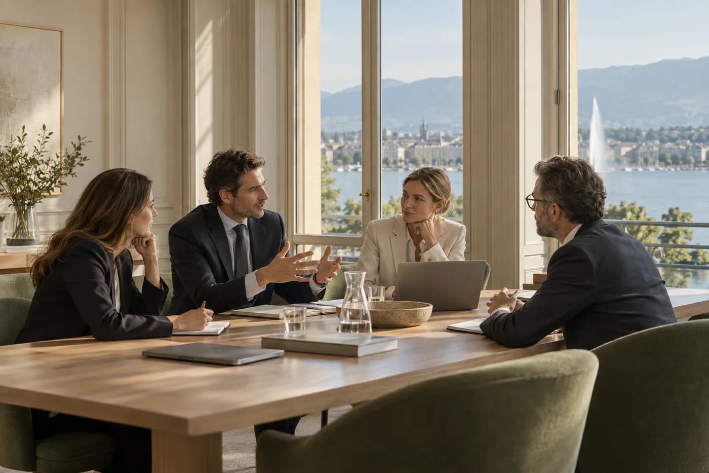 Illustrative Geneva-inspired office with professionals gathered around a meeting table